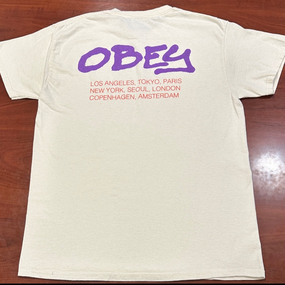 OBEY t-shirt with Purple and Orange Text